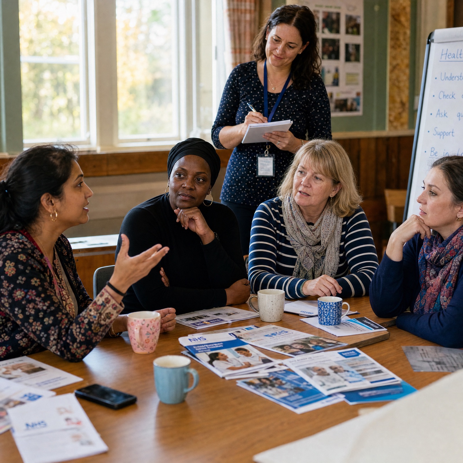 Young adults working together around a table, looking at health information in a bright community room in Irvine